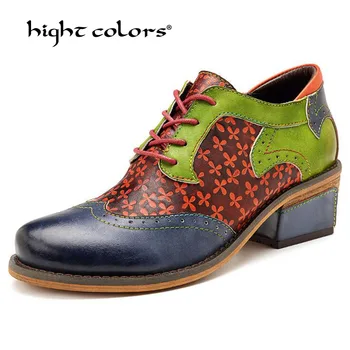 

Hight Colors Brand Oxfords Women Wingtip Genuine Leather Calfskin Flats Lace-Up Round Toe Blue Lady Brogue Shoes Handmade X152