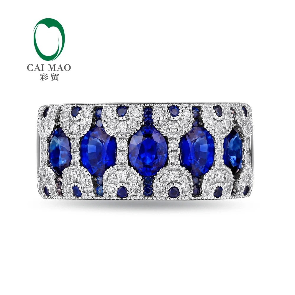Caimao Jewelry 18k White Gold 0.24ct Natural Diamond & 1.33ct Sapphire Ring