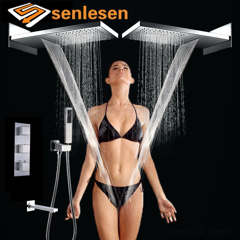 

Wholesale And Retail Thermostatic 3 Ways Valve Mixer Tap LED Color Changing Rain Shower Faucet Set Waterfall shower head