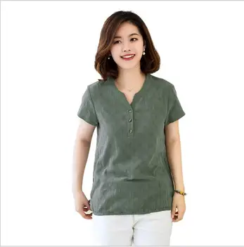 

Summer New Mother's Cotton and Hemp Short Sleeve T-shirt 2018 Large Size Women's Loose and Comfortable Top