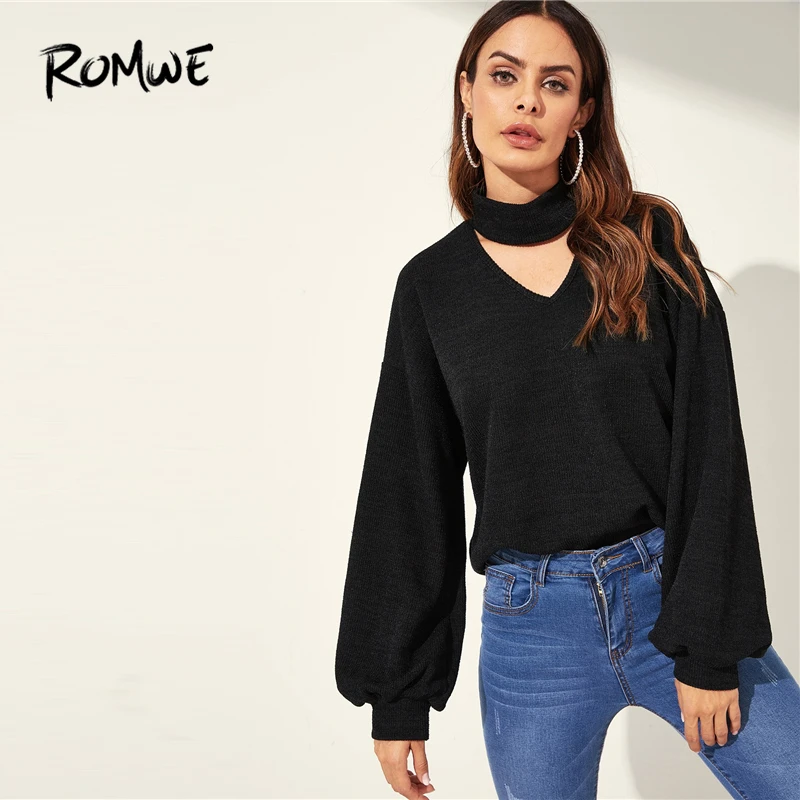  ROMWE Choker Neck Bishop Sleeve Pullover 2019 Black Fashion Women Spring Autumn Sweatshirt Stylish 