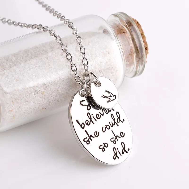 

"She Believed She Could So She Did" Incentive Slogans with Petrel Seagull Bird Circular Pendant Necklace Women Ornaments