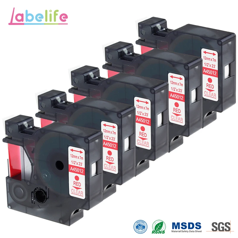 Labelife 5Pack 45012 Compatible DYMO D1 Label Tape ( Red Print on Clear