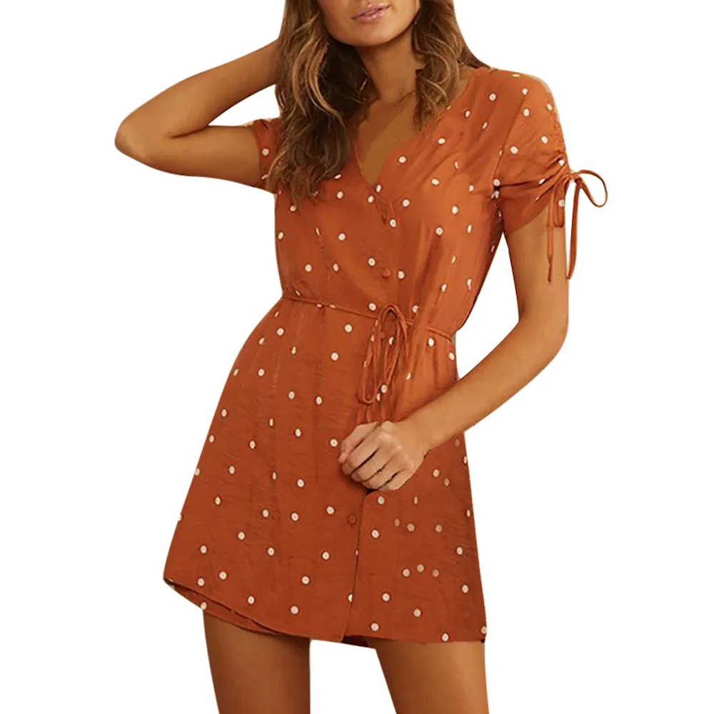 

Summer Dress 2019 Sleeve Casual Women Fashion Plus Size Dot V-Neck Bandage Short Sleeve Loose Dress vestidos #N05