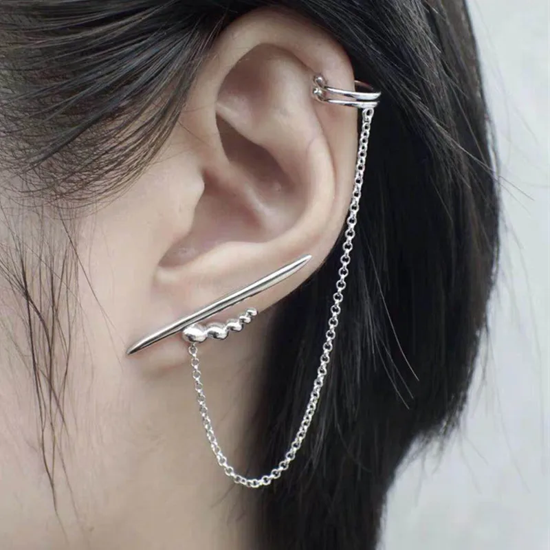 

HUANZHI Korea 2019 Double C shape Ear Bone Clip Chain Geometric Irregular Wave Long Stick Stud Earrings for Women Girls Party