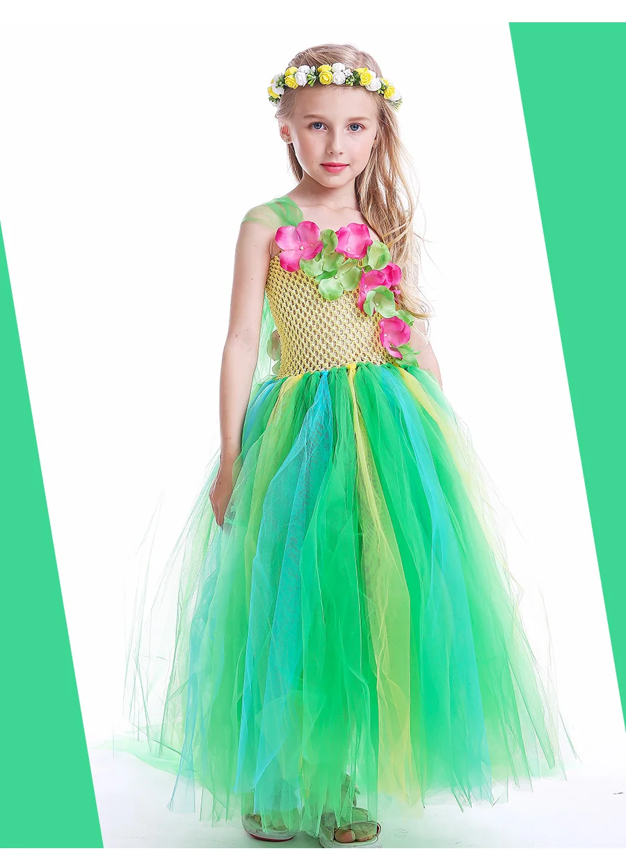 Green Flower Girls Elsa Tutu Dress Purim Cosplay Halloween Costume Kids Birthday Party Dresses Fever Inspired Handmade Dress (2)