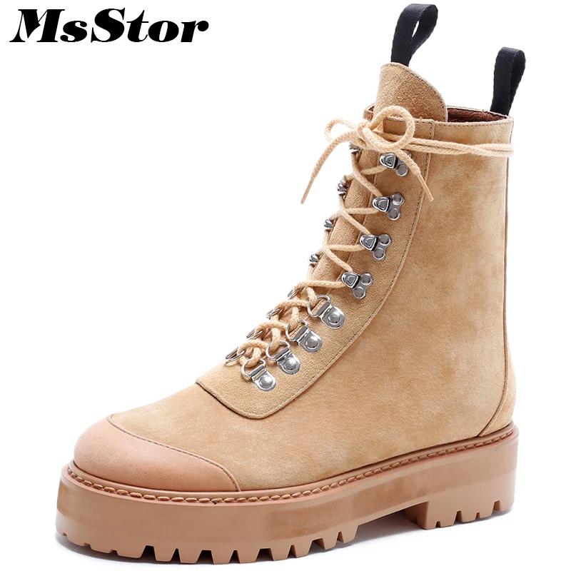 

Msstor Thick Bottom Lace Up Women Boots Fashion Metal Ankle Boots Women Shoes Elegant Flat With Platform Black Boots Shoes Woman