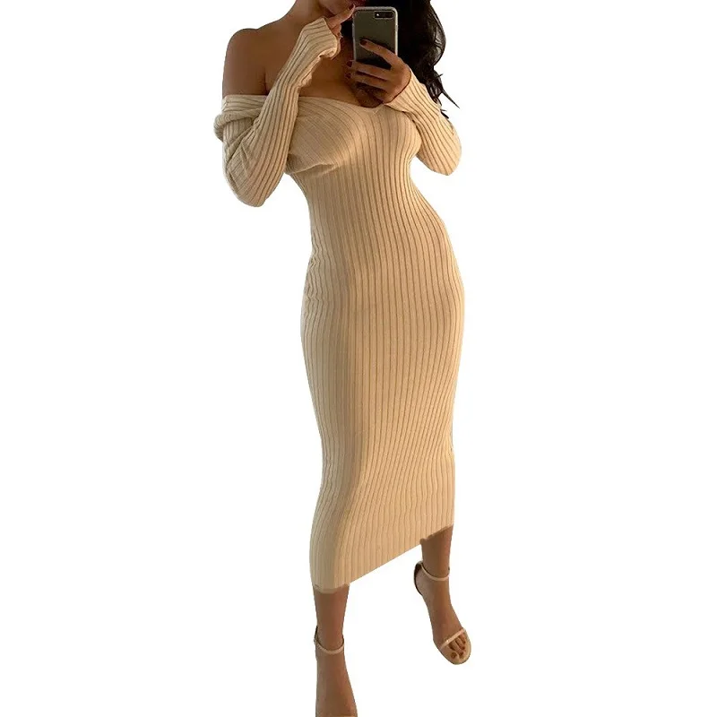 

knitted plus size sexy off shoulder women casual long spring Bodycon dress vestidos clothes 2019 ladies dresses robe femme