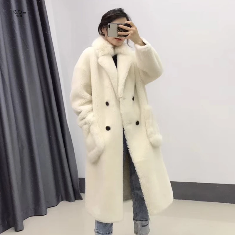 

ZiZhen Trench Woolen Coat Woman Fox Fur Collar Suede Lining Fashion Long Overcoat Pocket Spring Autumn190611-2 WEIZHEN6.9-2