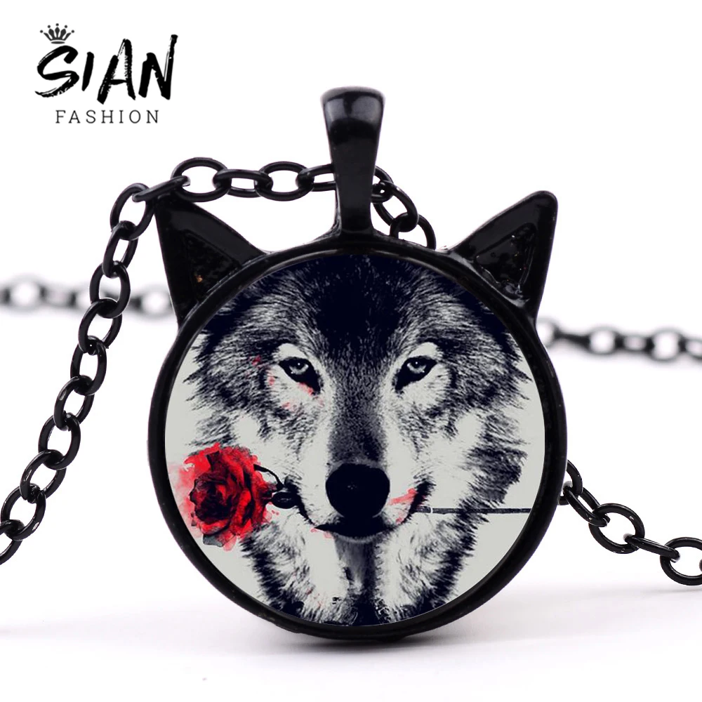 

SIAN Nordic Wiccan Wolf Necklace Handmade Glass Cabochon Pendant Necklace Wicca Wolf Tiger Wild Animal Jewelry Magic Amulet Gift