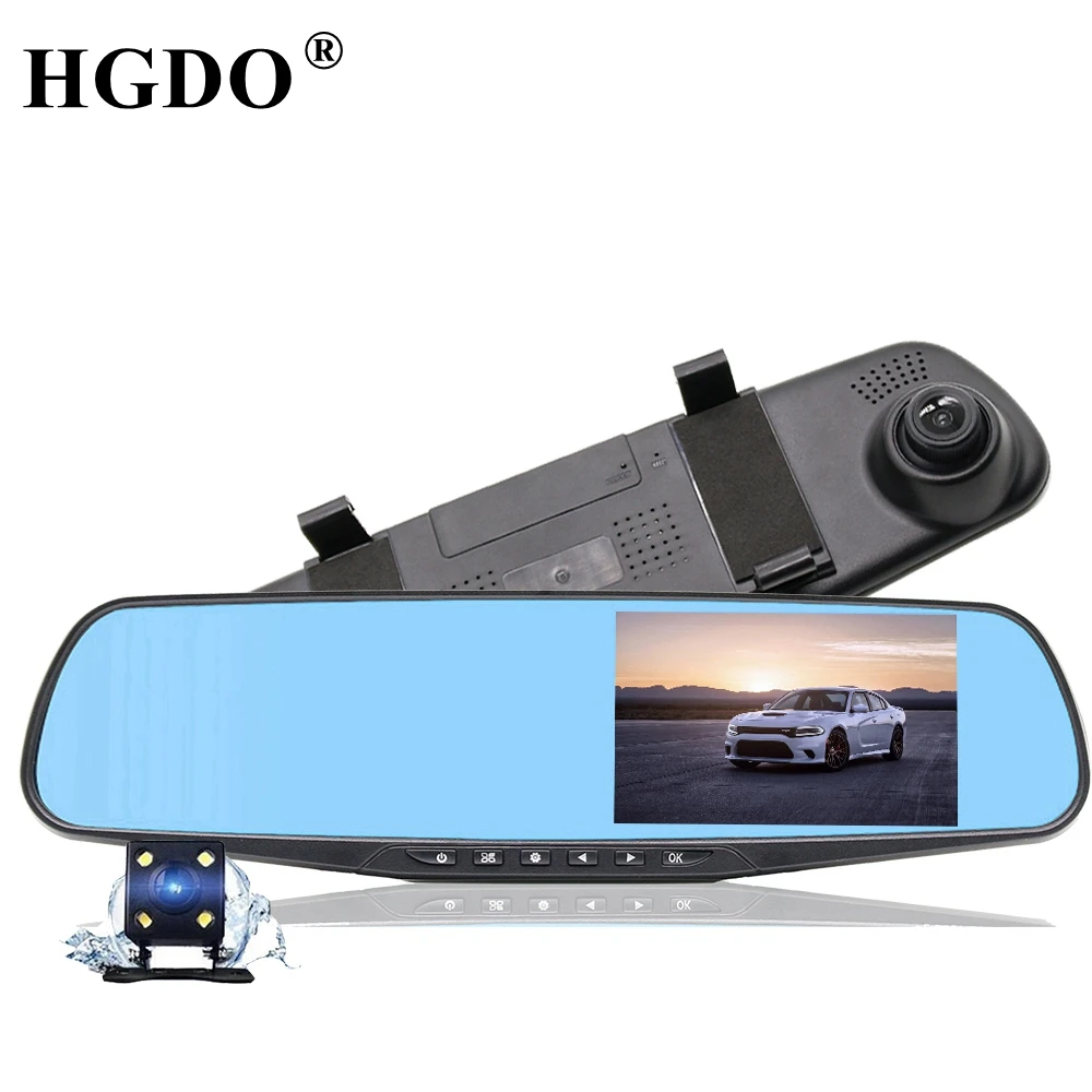 Vente HGDO Dash cam Voiture dvr Double Lentille Rétroviseur Caméra 4.3 pouce Plein HD1080P Vidéo auto Enregistreur Parking Moniteur nuit vision