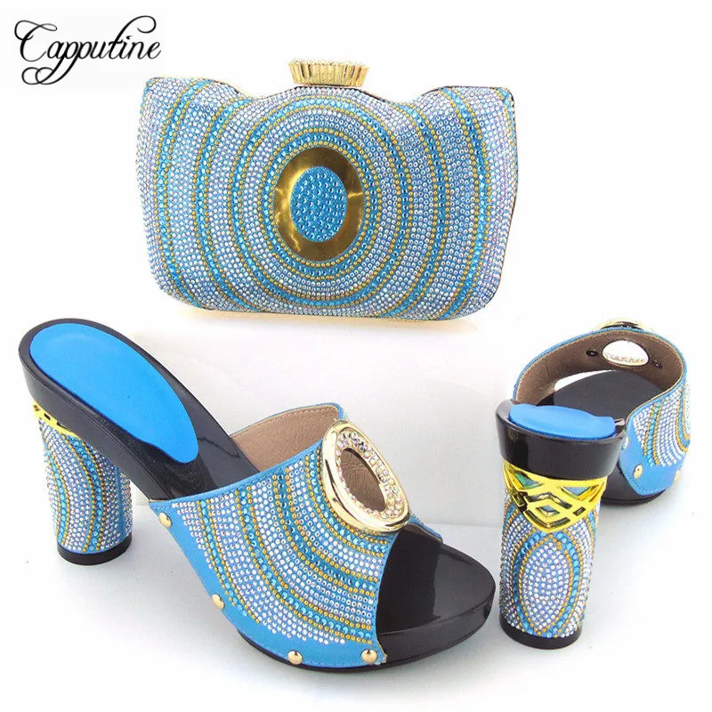 

Excellent sky blue Italian design high heel sandal shoes and purse bag set with stones 221-2, heel height 10cm, 4 color