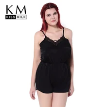 Kissmilk Plus Size New Fashion Women Clothes Solid Black Halter Backless Playsuits Sexy Lace Slim Big