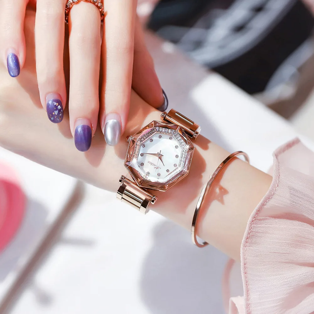 

High End Brand Women Watch Mesh Magnet Starry Sky WristWatch Irregular Rhinestone Dial Ladies Watch Quartz Clock Kol Saati #W