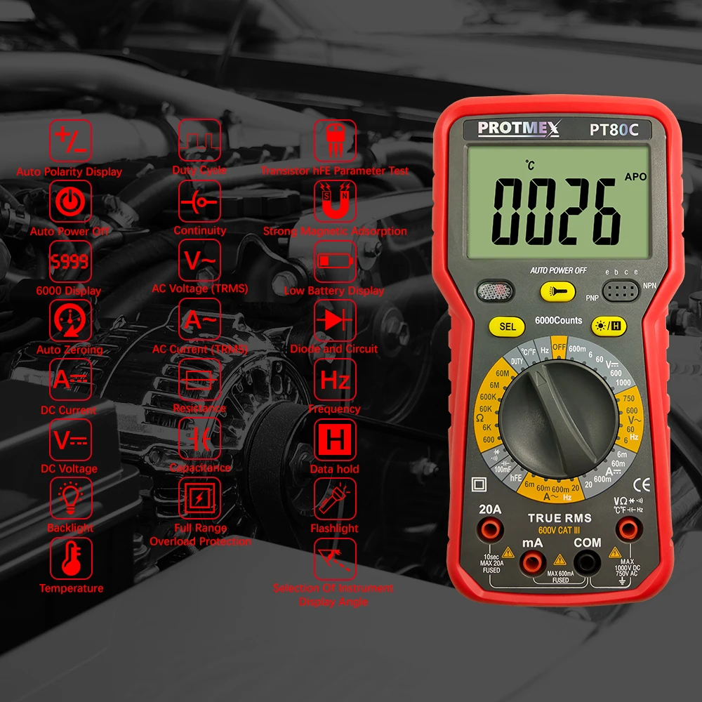 PROTMEX 6000 отсчетов дисплей TRMS Автозапуск автомобильный двигатель мультиметр Частота Емкость