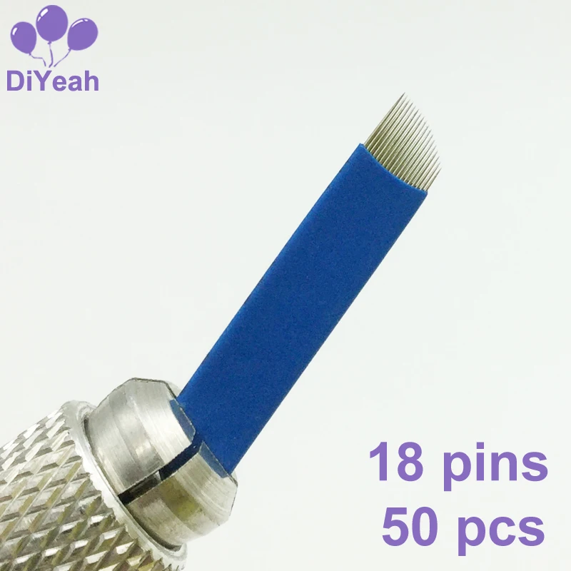 

50PCS 18 Pins Permanent Makeup Eyebrow Tattoo Bevel Blade Microblading Needles For 3D Embroidery Manual Tatoo Pen Machine Blue