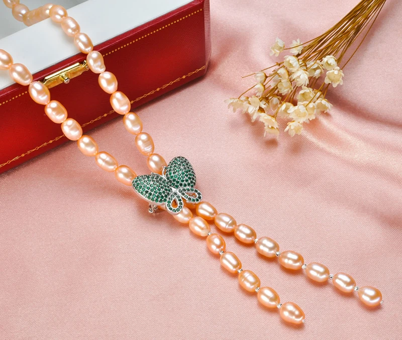 Модное Длинное жемчужное ожерелье с настоящим натуральным пресноводным жемчугом и бабочкой, Жемчужное ювелирное изделие для женщин, ожерелье из серебра 925 пробы, подарок