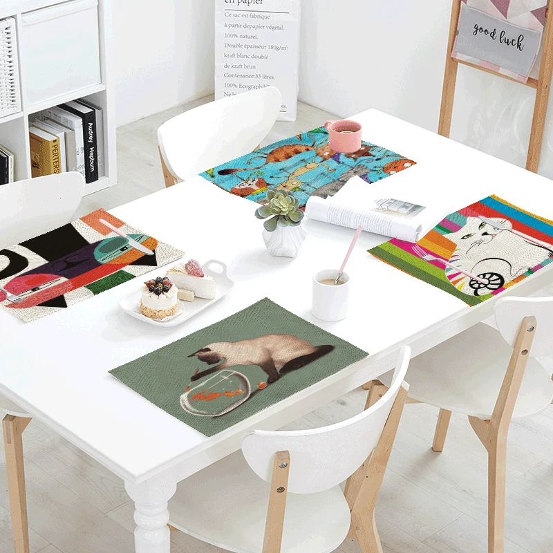 

Cartoon Reading Cat Napkin Fish Headset Goldfish Letter Print Restaurant Family Living Room Table Decoration Fashion Tablecloth