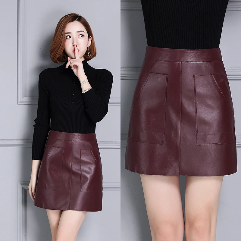 Женская тонкая кожаная юбка с высокой талией из овчины K111|high waist leather skirt|leather
