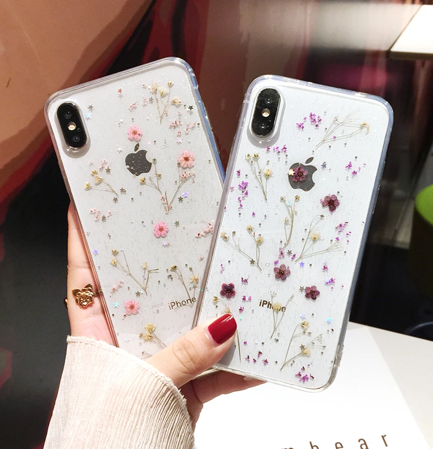 

Real Floral Dried Flowers Transparent Soft TPU Cover For iPhone X 6 6S 7 8 plus Phone Case For iphone XR XS Max Bling Cover