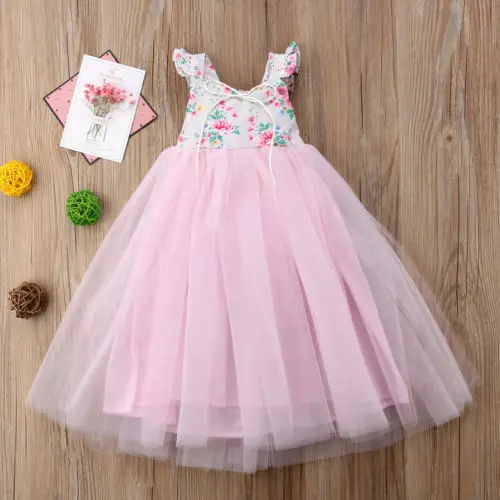 Детское кружевное платье принцессы с цветочным рисунком для маленьких девочек, фатиновое платье с рукавами-крылышками и открытой спиной для свадебной вечеринки, длинный сарафан на день рождения, От 1 до 7 лет - Цвет: Розовый