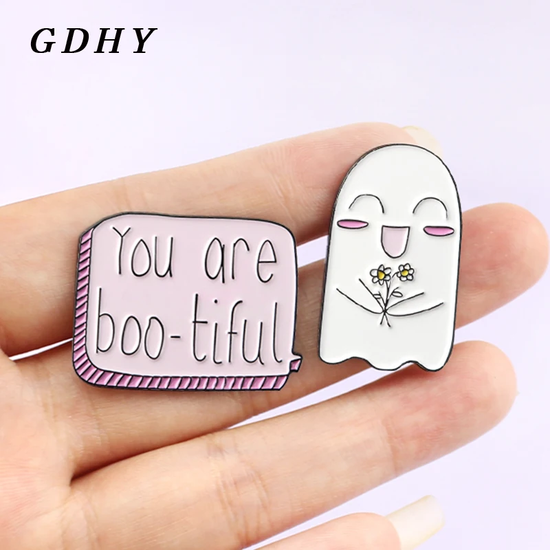

GDHY Cute Smile Ghost You Are boo-tiful Sweet Dialog Brooch Pink Banner Enamel Pin Badges Backpack Lapel pins for Girls Brosche