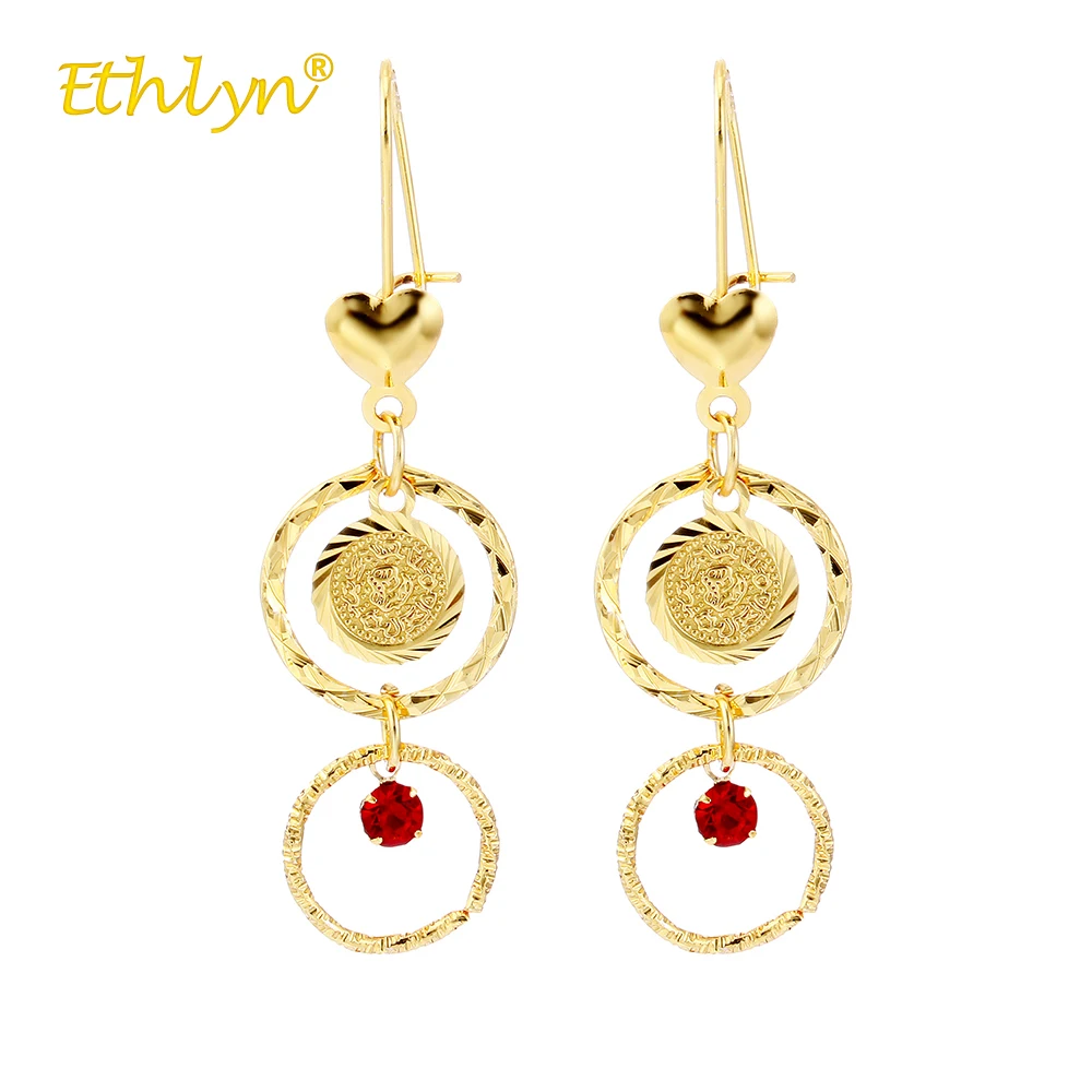 

Ethlyn New Middle East Female Round Coin Earrings Red Crystal Earring Long Drop Earrings Women Wedding Statement Earrings Gift