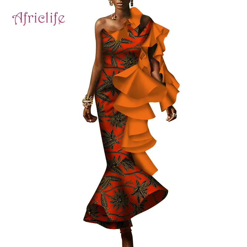 Африканские Многослойные оборки платья для женщин принт Сращивание с открытыми плечами Русалка платья африканская Дашики одежда WY4188 - Цвет: 12