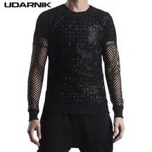 Мужская нейлоновая облегающая Сексуальная футболка, Черная открытая футболка с круглым вырезом и длинным рукавом в стиле панк, однотонные Прозрачные топы, модная новинка 903-A656