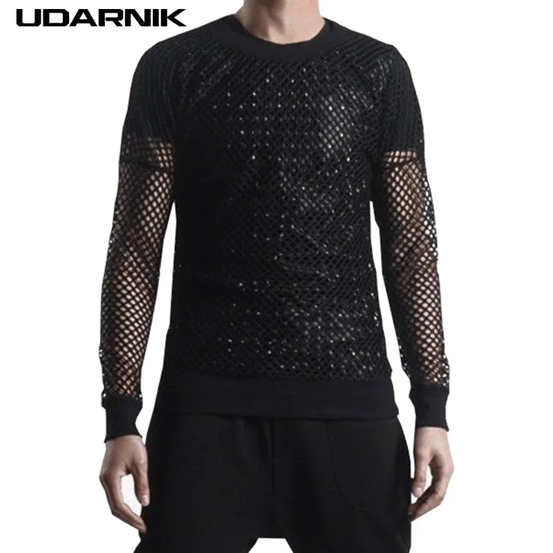 

Men Nylon Skinny Sexy T-Shirt Black Hollow Out Tee O-Neck Long Sleeve Punk Style Solid See Through Tops Fashion New 903-A656