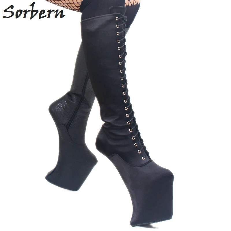 

Sorbern Black Heelless Hoof Boots For Women Art Performance Show Boot Knee High Platform Lady Gaga Cross Dress Shoe Unisex Boot