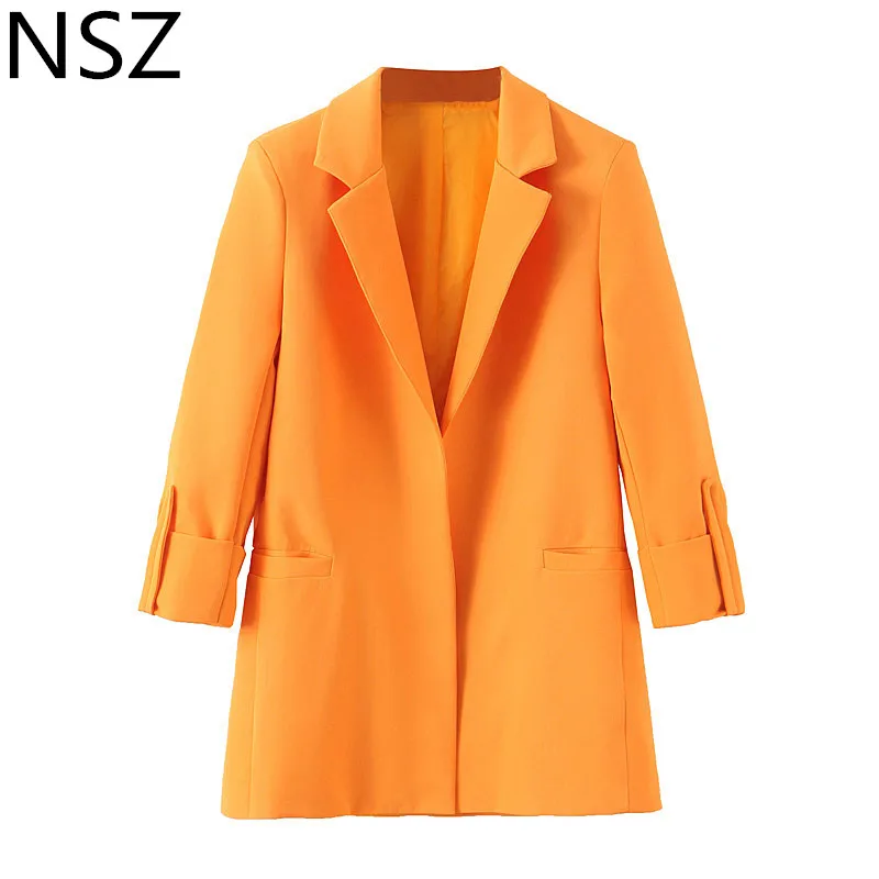 

NSZ Women Orange Solid Office Lady Jacket 3/4 Sleeve Notched Work Business Blazer Pocket Coat Outerwear