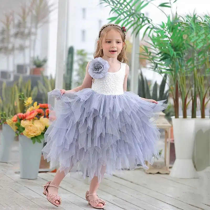 

Wholesale Summer Girl Princess Dress Lace Flower Tiered Tulle Mid-Calf Sundress For Wedding Party Children Clothing 1-10Y E17103