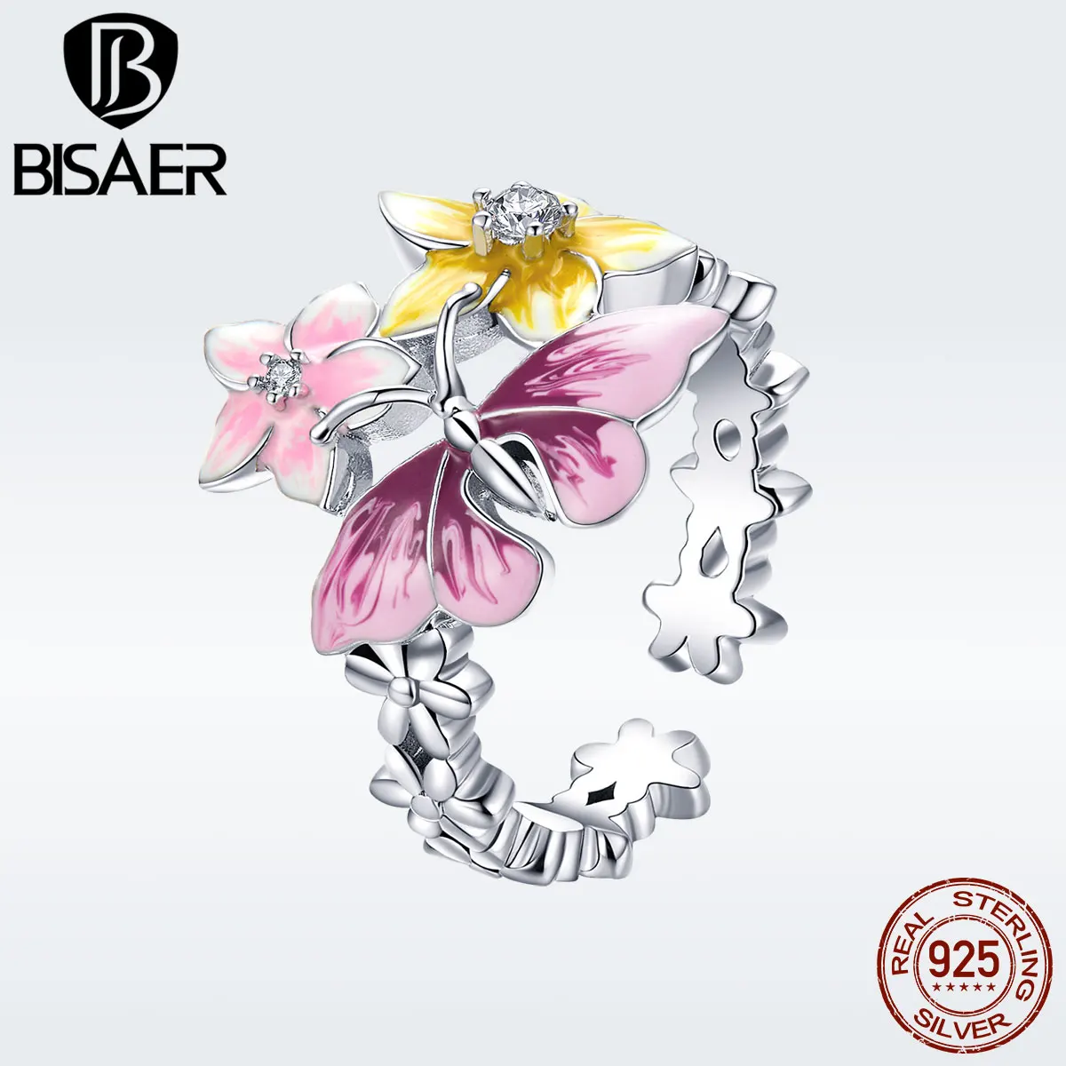 

BISAER Butterfly and Flower Open Adjustable Finger Rings for Women Enamel Fashion Jewelry Bijoux Gifts GSR199