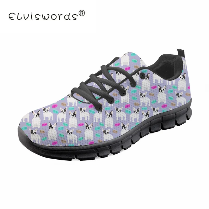 Cute French Terrier Pattern Women's Flat Shoes Summer Breathable Mesh Sneaker Shoes Girl Ladies Casual Lace Up Flats