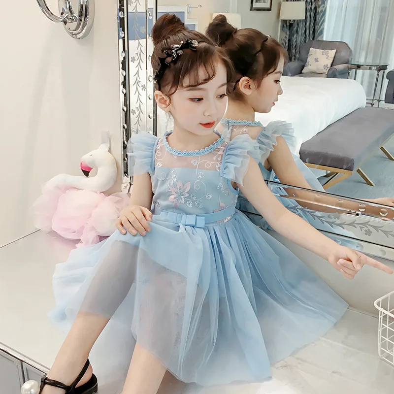 Детская одежда; детское платье; Одежда для девочек с цветочной вышивкой; костюм для дня рождения; кружевные наряды; От 3 до 11 лет; синий цвет