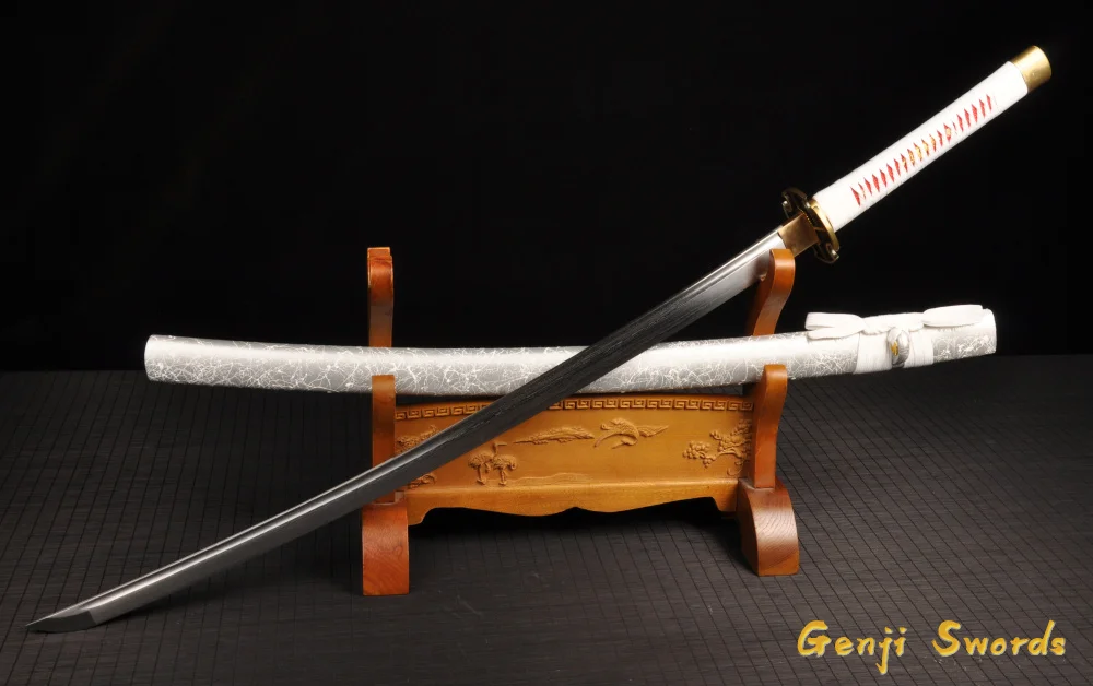 Japanese Samurai Sword White Drawing Sheath Folded Damascus Steel Real Katana Sharp Edge Can Cut Bamboo