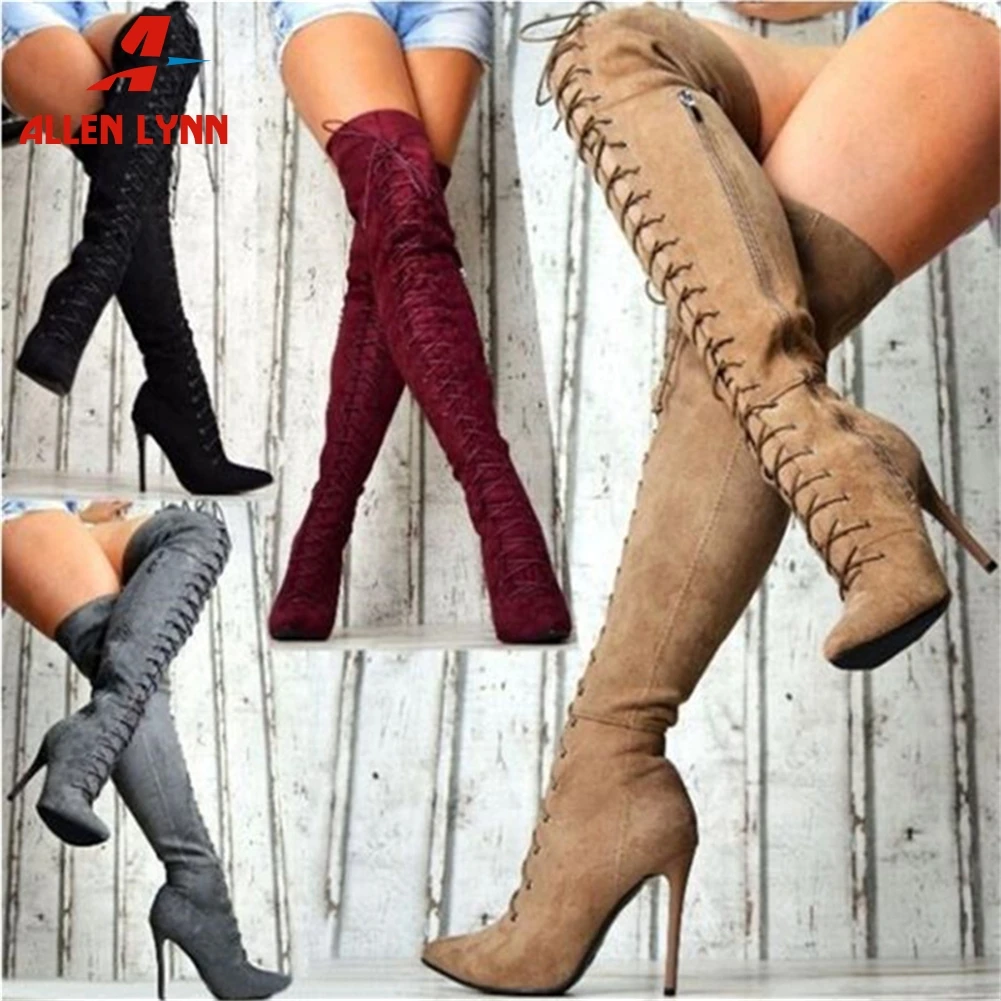 

ALLENLYNN Brand Design Big Size 35-47 Pointed Toe Party Sandals Woman Shoes High Heels Shoes Woman Over The Knee Boots