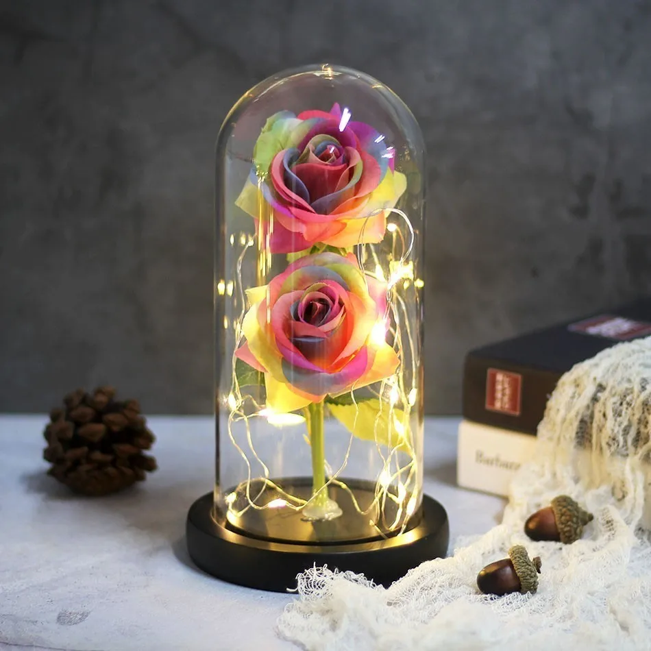 

NEN Beauty And Beast Rose In Flask Led Two Rose Flower Light Black Base Glass Dome Best For Mother's Day Valentines Day Gift