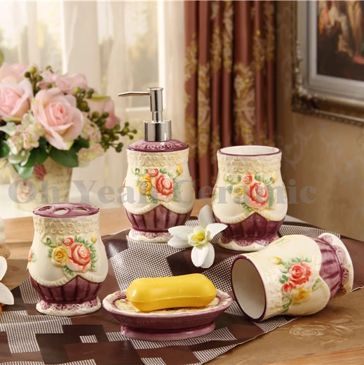 Porcelain bathroom sets ivory porcelain flowers design embossed hand