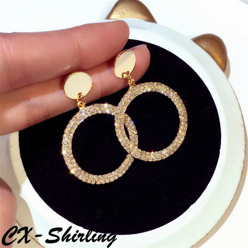 

CX-Shirling Gold&Silver New S925 Silver Needle Round Dangle Earrings Long Earrings For Womem Full Rhinestone Circle Big Earrings