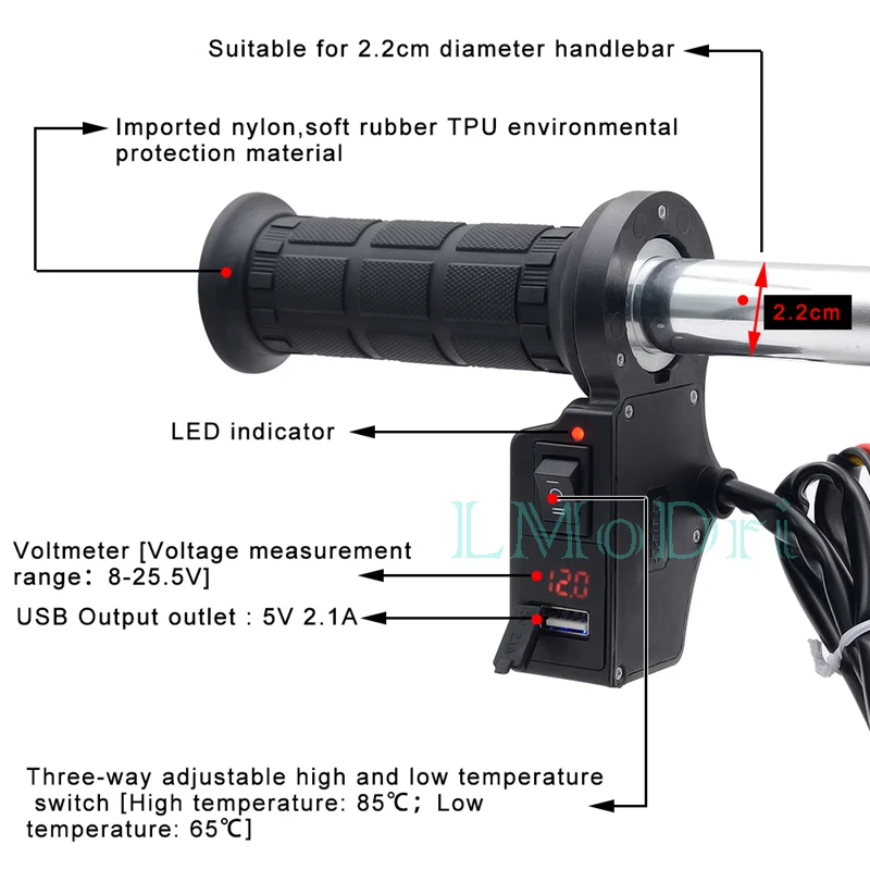 LMoDri мотоциклетные ручки с подогревом 7/" Руль Электрический нагрев рукоятка мульти регулируемое USB зарядное устройство вольтметр Водонепроницаемый