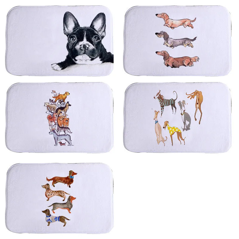 

Cute And Interesting Mats White Bulldog Dachshund Dog Animal Door Mat Bathroom Coral Fleece Large Non-Slip Quick-Drying Carpet