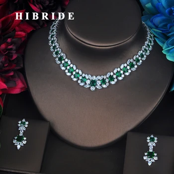 HIBRIDE Brand Beautiful Green Flower Shape Full Cubic Zirconia Dubai Jewelry Sets Women Wedding Bride Dress Accessories N-386