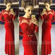 Neue Ankunft Frauen Abendkleider Meerjungfrau Scalloped Long Sleeve Abendkleid Applique Bodenlangen Langen Roten Abendkleid 2016
