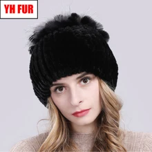 Зимние вязаные женские шапки, настоящий мех кролика, верх из лисьего меха, кепки с цветами, женские мягкие теплые шапки из натурального меха кролика рекс