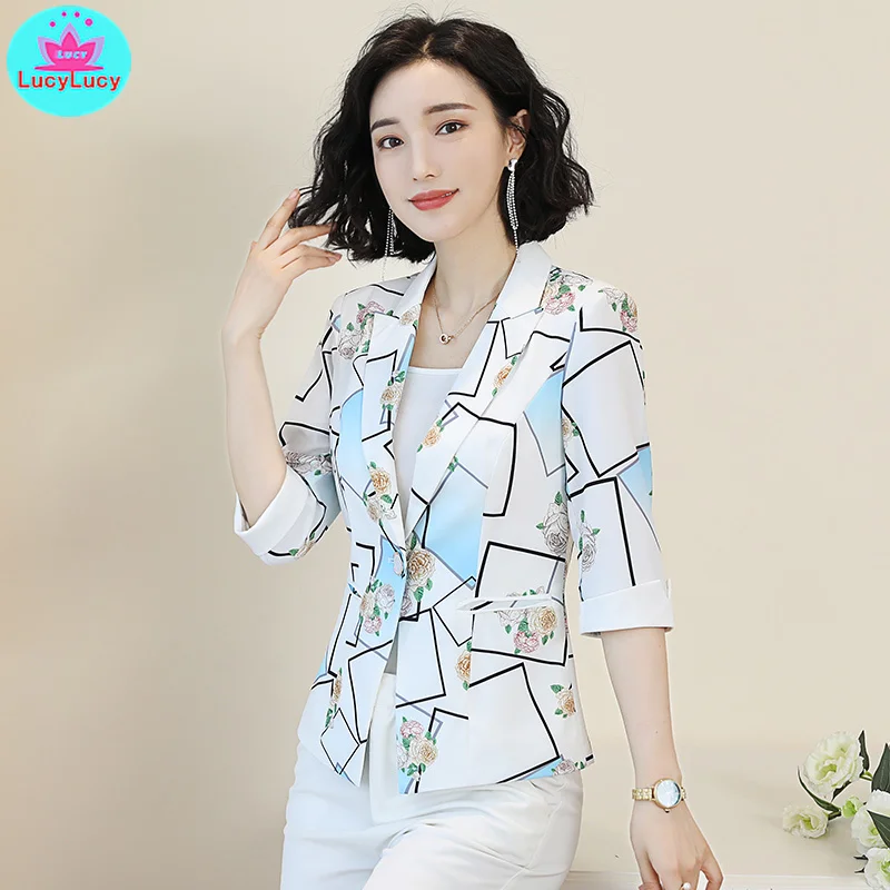 

2019 Korean version of the new slim print seven-point sleeve summer small suit jacket
