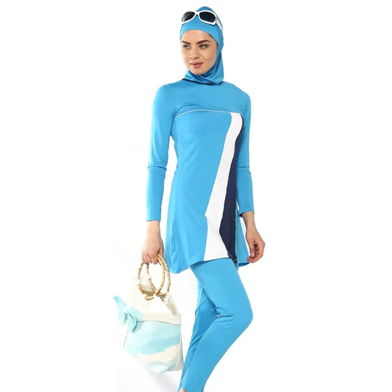 Мусульманский купальник, скромный, полное покрытие размера плюс, женский купальник, купальный костюм для мусульманских девушек, проводная прокладка, S-4XL, Исламский купальник - Цвет: Светло-голубой