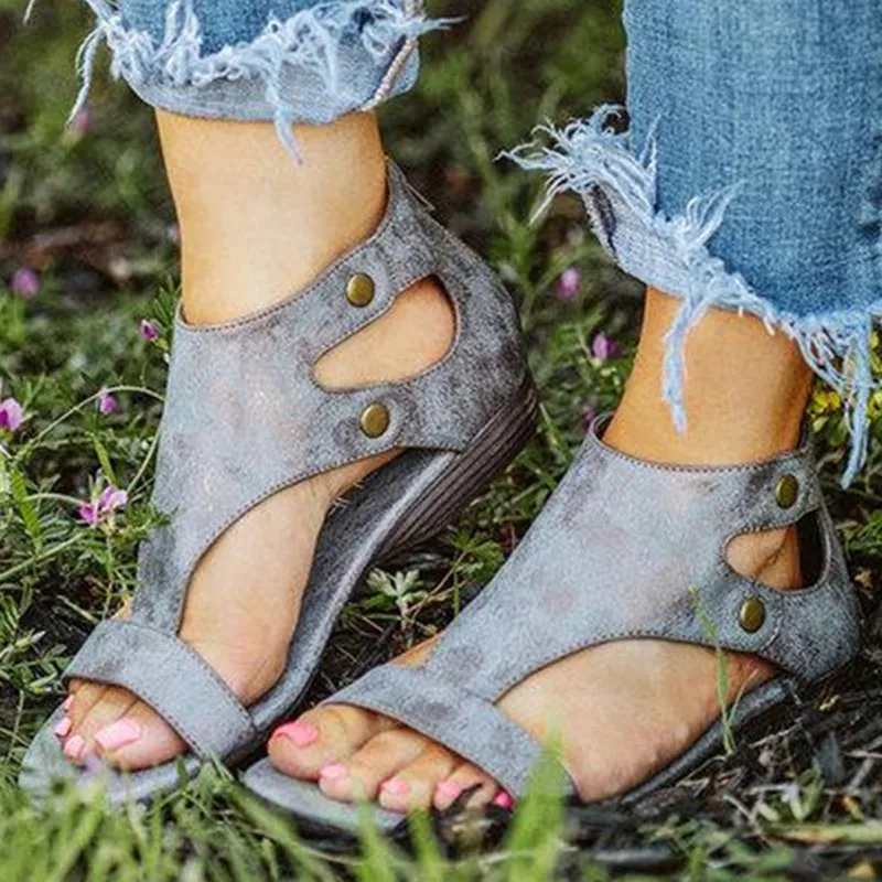 

Summer Gladiator Women Sandals leather platform Rivet open toe solid wedges zipper low heel ladies shoes sandalias mujer 429W