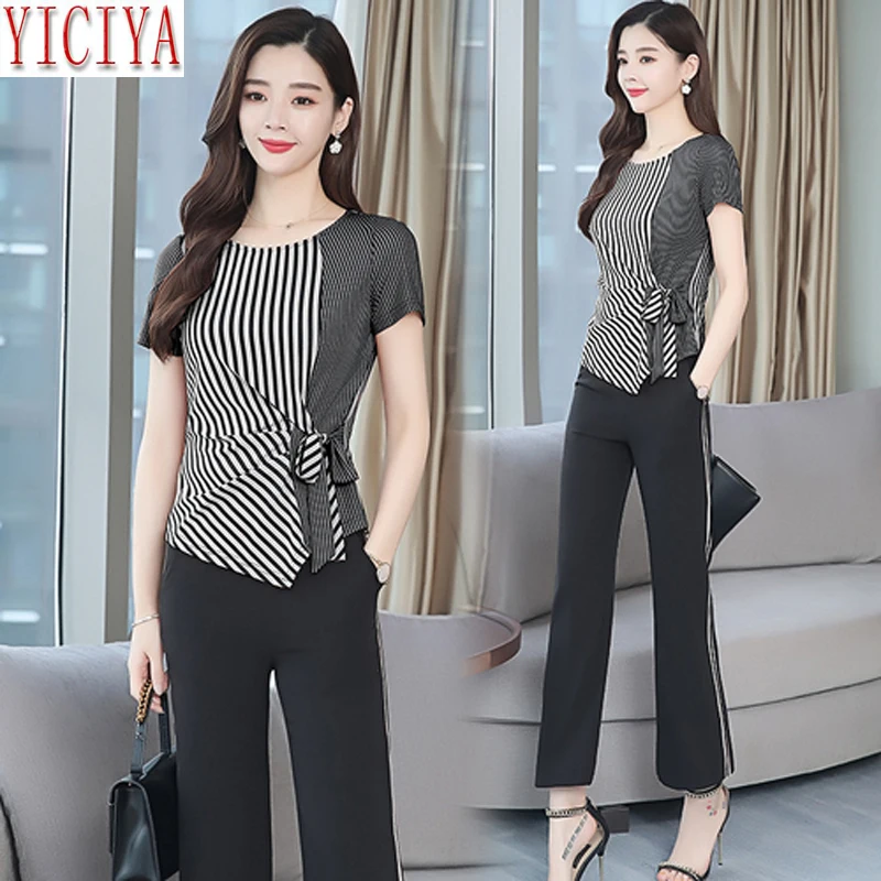

YICIYA Striped Two Piece Set Co-ord Female Outfits Tracksuits for Women Wide Pants and Top Plus Size Big Clothing 2019 Summer